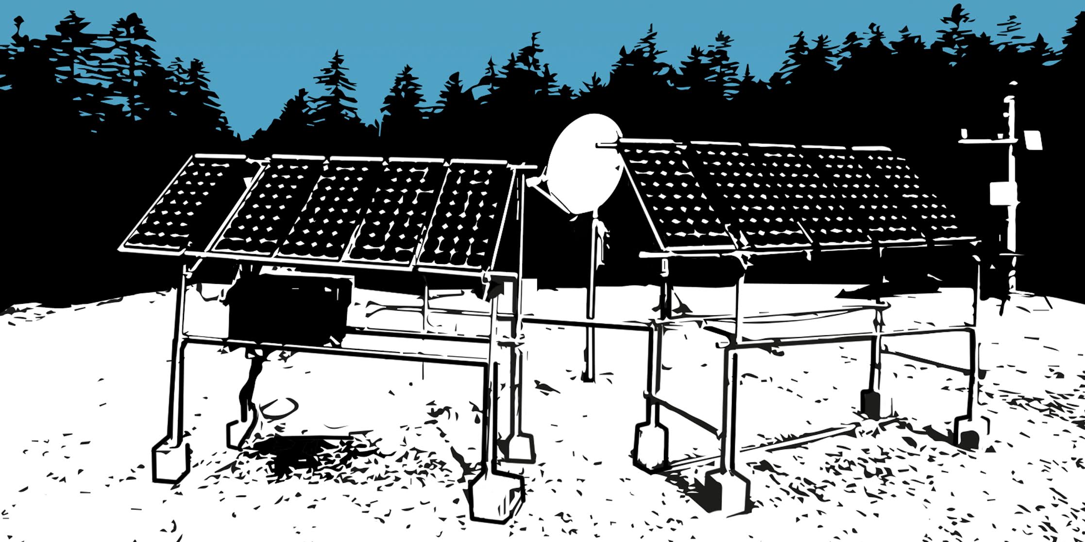An illustration of solar panels in front of a forrest