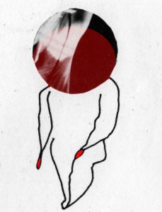 An illustration, a line drawn figure with a large red and black circle for a head