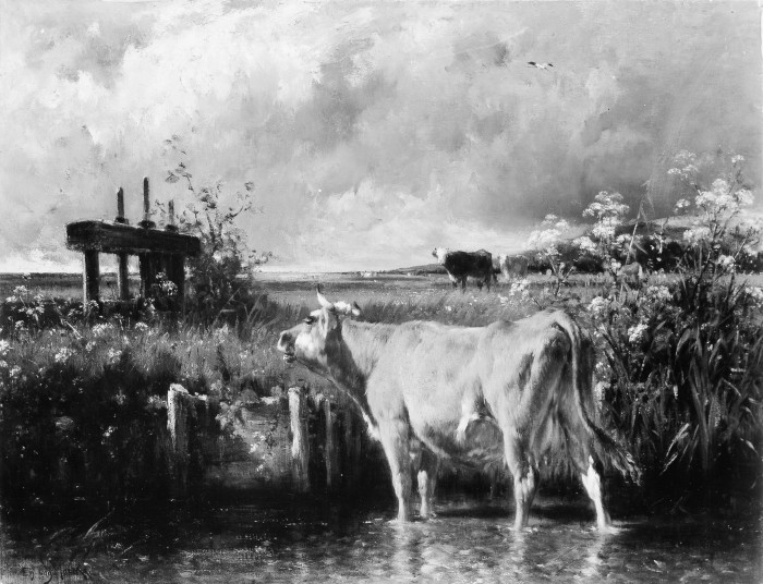 A black and white painting showing a cow standing in a stream