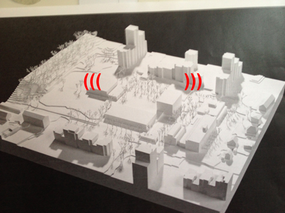 A white architects model of the town with sound resonance marks added, to indicate the sonic approach to be employed