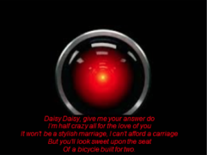 The red eye of "Hal" with subtitles of "Daisy daisy" that it sings