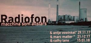 Poster for Radiofon - photo of a factory with artist names and dates