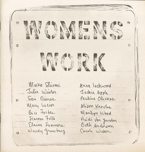 a poster that reads "Womens work" with a list of names - hand drawn