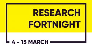a poster for "research fortnight" black text on yellow and white background