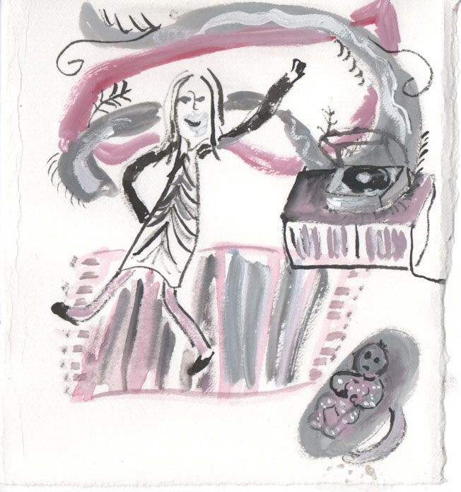 an ink illustration in black and pink showing a person dancing to music from a record player with a baby in a crib