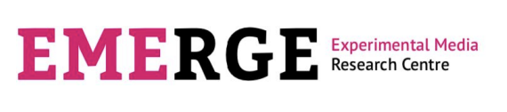A logo with black and pink text that reads "EMERGE Experimental Media Research Centre"
