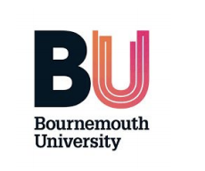 A logo with black and pink text on a white background that reads "BU Bournemouth University"