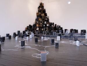 Installation image showing the 300 speakers in the gallery