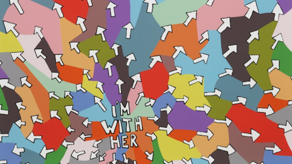 "Im with her" arrows pointing outwards with coloured shapes
