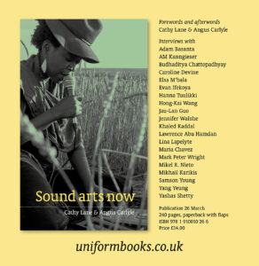 Book cover "Sound Arts Now" with a performance image, list of names and web link to Uniform books