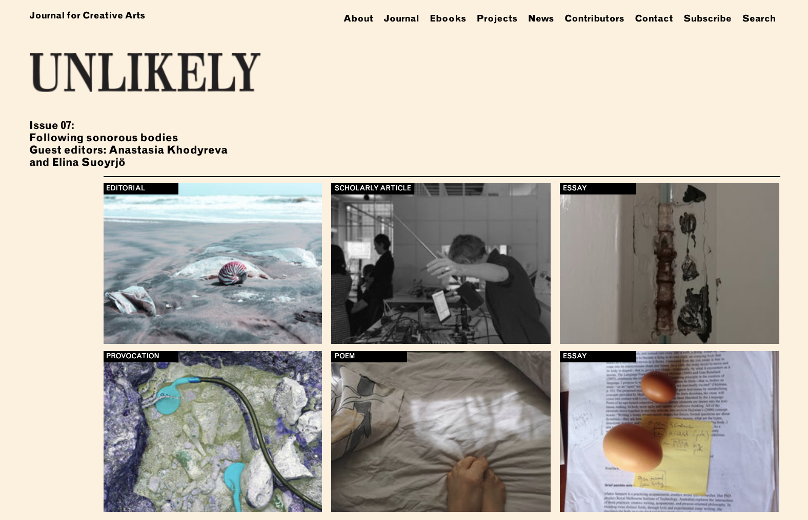 Screen shot of Unlikely Journal Issue 7 showing 6 of the contributors images
