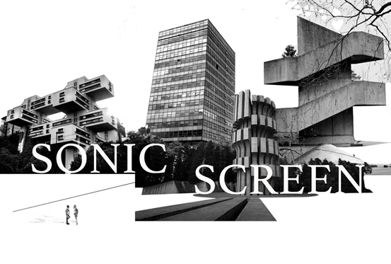Sonic screen written in white letters over a black and white collage of LCC's building