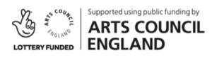 ACE logo, black text reads: Arts Council England Lottery Funded. Supported using public funding by Arts Council England. Illustration of a hand with crossed fingers