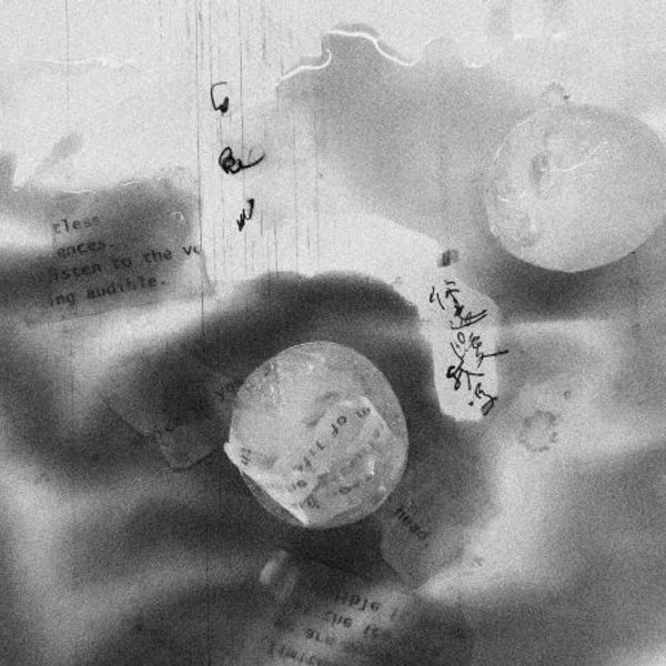 blcak and white image with fragments of text, water, circles and shaddows