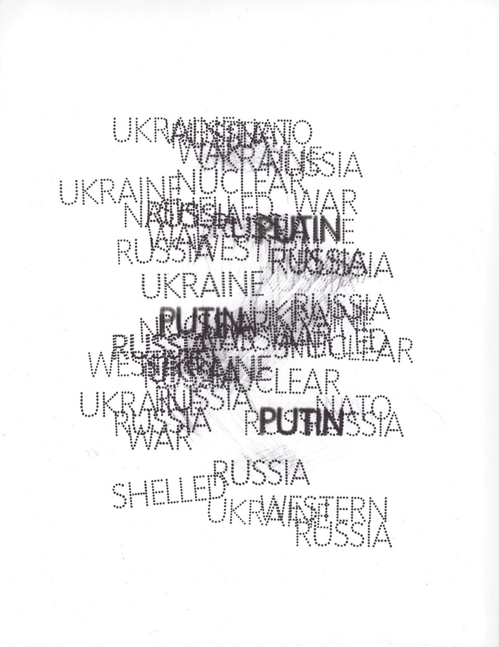 text artwork made of a cluster of black words on white background, all slightly out of line and densely overlaid in the cerntre. the words read: UKRAINE, RUSSIA, WAR, SHELLED, PUTIN
