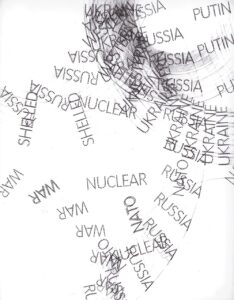 text artwork, WAR, NUCLEAR, RUSSIA< PUTIN, UKRAINE, spread out scattered across the page, grouping together in a overlayed sweep top right of the image