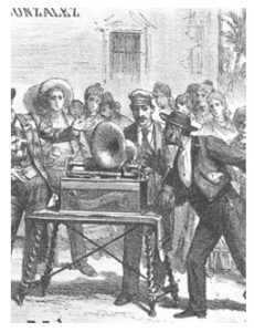 Black and white drawing of people stood listening to a record player
